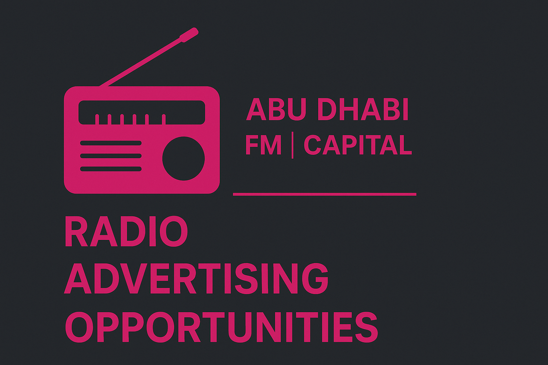 Minimalist graphic in pink and charcoal showing a radio icon with the text ‘Abu Dhabi FM | Capital – Radio Advertising Opportunities.