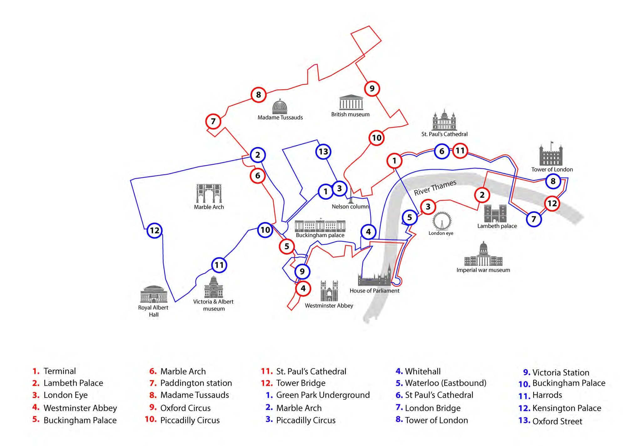 London open-top tourist bus route map across major landmarks
