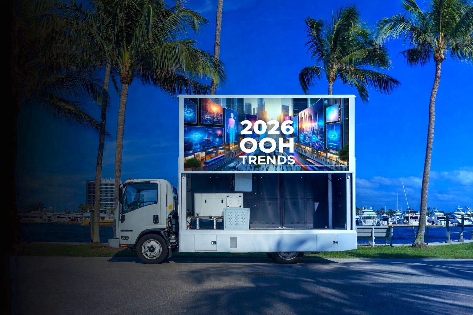 Mobile LED billboard truck on a Miami waterfront route